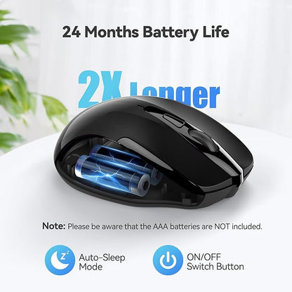 TECKNET Wireless Mouse, 2.4G Ergonomic Optical Mouse, Computer Mouse for Laptop, PC, Computer, Chromebook, Notebook, 6 Buttons, 24 Months Battery Life, 2600 DPI, 5 Adjustment Levels - Black