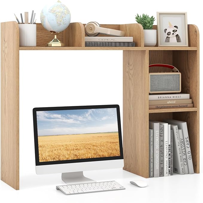 GOFLAME 5 Shelves Desktop Bookshelf, Wood Desk Hutch Dorm for Computer Desk, Countertop Display Rack, 3-Tier Desk Storage Organizer Shelf for Dormitory, Home Office, Study, Natural
