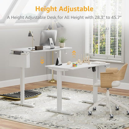 White Electric Sit To Stand Desk - 40 Inch Small Computer Desk Adjustable Height for Work Study Writing, Compact Sit Stand up Desks Table Workstation for Small Space Adult Boy Girl Home Office Bedroom