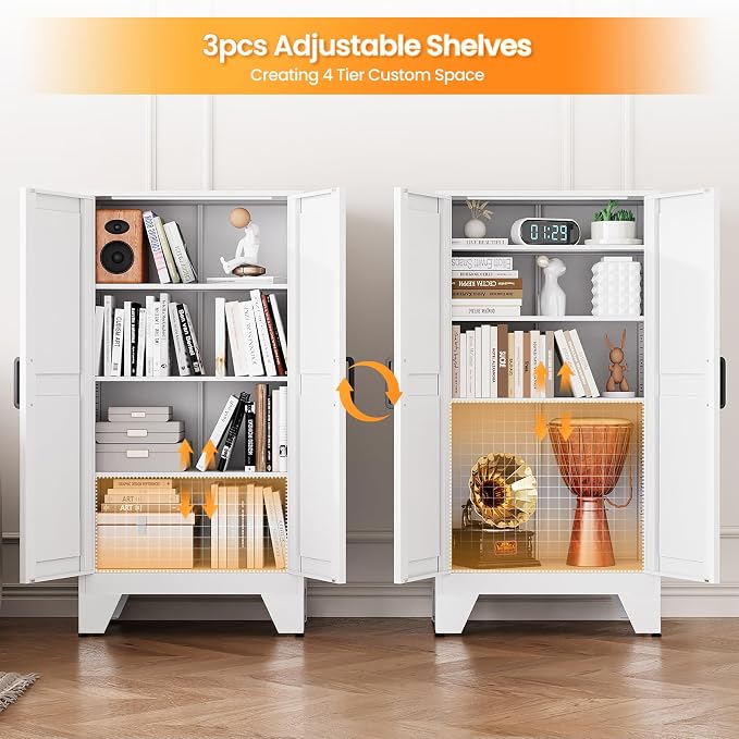 47.3" White Storage Cabinet with 2 Doors and 3 Adjustable Shelves, Metal Tall Kitchen Pantry cabinets, Modern Food Pantry Cabinet,4 Tier Freestanding Framed Panel Door Cupboard for Kitchen Dining Room