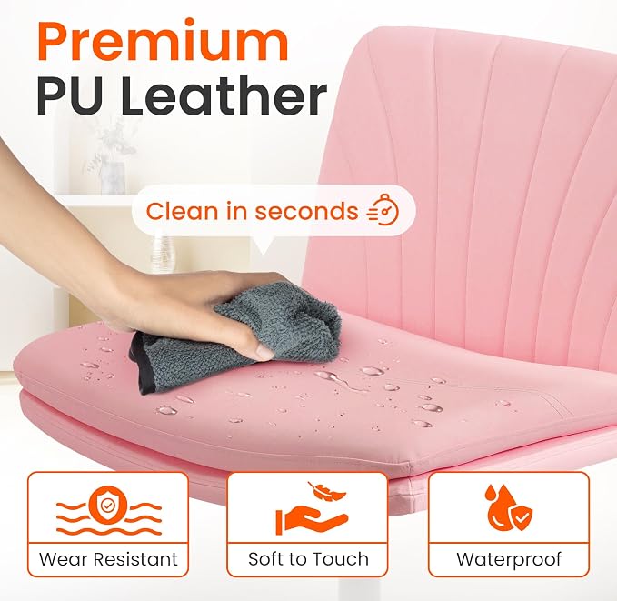 Orange Factory Criss Cross Chair with Wheels Comfy Wide Vanity Desk Chair Dual Base Leather Armless Adjustable Swivel for Home Computer Task (Pink Pu, Faux Leather)