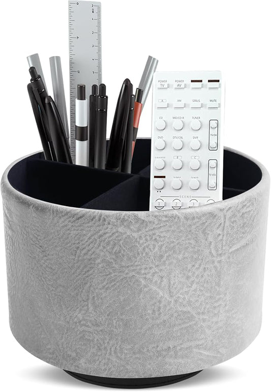 Round Leather Art Supply Organizer,Remote Control Holder,360 Degree Spinning,Multi-Functional Pencil Holder,4 Compartments Desktop Stationary Organizer(1-Crazy Blue)