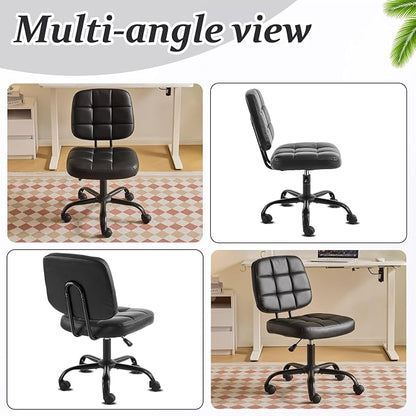 VINGLI Compact Small Desk Chair, Cute Armless Chair with Wheels, Vanity Chair with Low Back, Height Adjustable Task Chair for Small Spaces, Office, Bedroom, Make Up Room, PU Leather, Black
