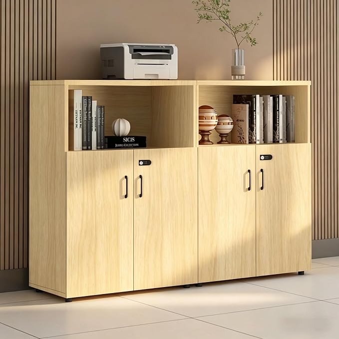 File Cabinet with Password Lock, Wood Lateral Filing Cabinet for Letter/A4 Files, 3 Drawer with Door, Printer Stand with Open Shelves for Home Office