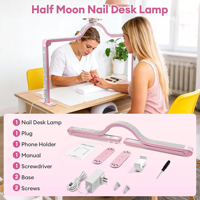 Arch Half Moon Light: Professional 34 inch 420 LED Beads - Nail Lamp for Desk Adjustable Brightness 3 Color Temperature - Foldable Nail Tech Light for Manicure Crafting (Rose)