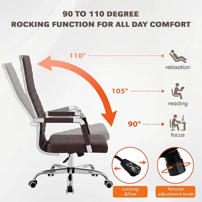 Furmax Ribbed Office Chair High Back PU Leather Executive Conference Chair Adjustable Swivel Chair with Arms (Bicolor Retro Brown)