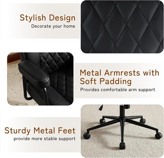 Furniliving Leather Office Chair, Comfy Home Office Desk Chair, Mid Century Modern Office Chair with Lumbar Support, Mid-Back Adjustable Swivel Computer Chair with Wheels and Arms, Black