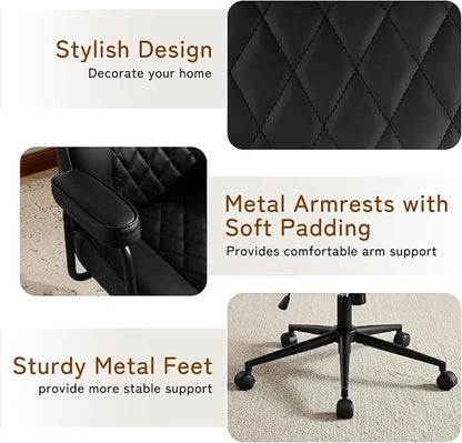Furniliving Leather Office Chair, Comfy Home Office Desk Chair, Mid Century Modern Office Chair with Lumbar Support, Mid-Back Adjustable Swivel Computer Chair with Wheels and Arms, Black
