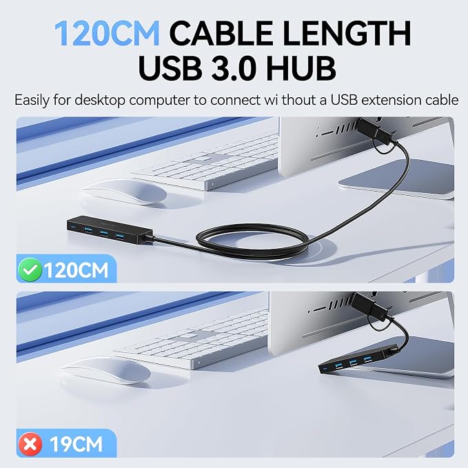Aceele USB C/A Hub for Laptop, Ultra Slim USB Splitter 4 Port USB 3.0 Data Hub, Multi USB Port Expander with 4Ft Long Extension Cable for Desktop Mini PC,MacBook Air/Pro, iMac, PS5, Flash Drive