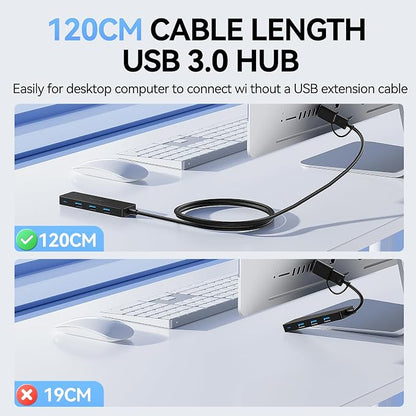 Aceele USB C/A Hub for Laptop, Ultra Slim USB Splitter 4 Port USB 3.0 Data Hub, Multi USB Port Expander with 4Ft Long Extension Cable for Desktop Mini PC,MacBook Air/Pro, iMac, PS5, Flash Drive