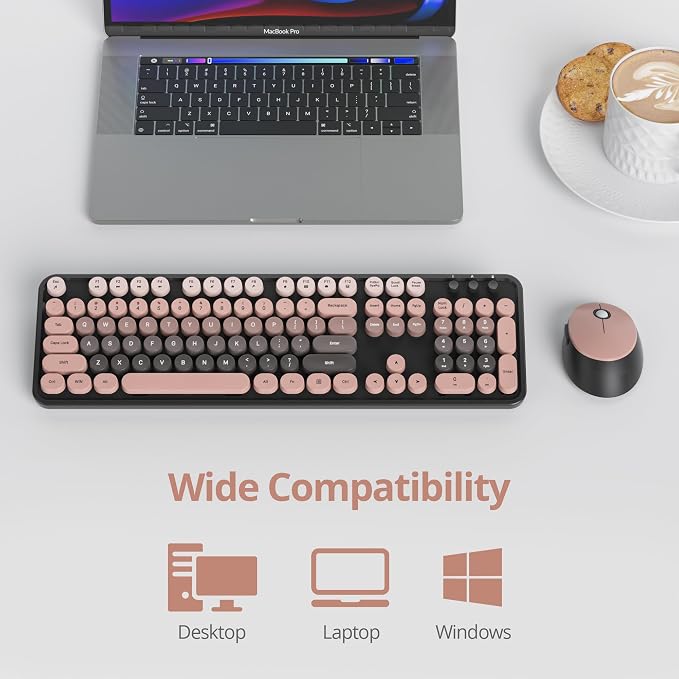 Guffercty kred Pink and Black Keyboard Mouse Wireless, Retro Typewriter Round Keycaps Full-Size Wireless Keyboard 2.4GHz for Desktop Laptop and PC (Dark Plum)