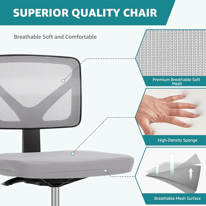 OLIXIS Armless Office Chair, Ergonomic Desk Chair with Wheels, Mesh Back, Removable Washable Foam Cushion, Height Adjustable Rolling Swivel Chairs for Small Space, Home, Office, Grey