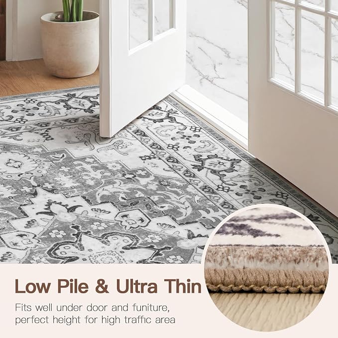 Lofus 2x6 Hallway Washable Runner Rug, Vintage Kitchen Runners Non Slip, Entryway Rugs for Bathroom Bedroom Living Room Laundry Room Floor Mat, Boho Entry Long Carpet, Floral Grey