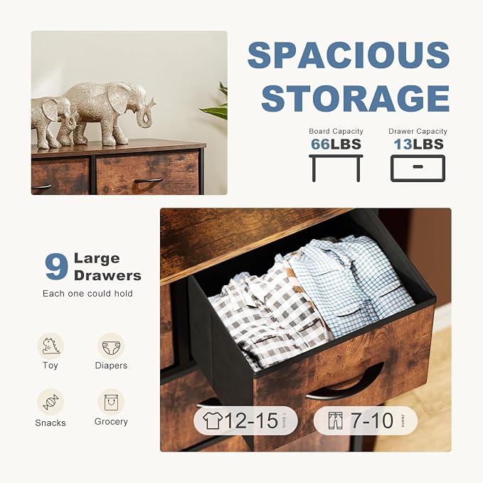 DUMOS Dresser for Bedroom, Storage Organizer with 9 Drawers, Chest of Drawers with Fabric Bins, Sturdy Metal Frame, Wood Tabletop for Guest Room, Closet, Entryway, Brown