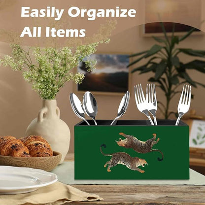 DILSJ Trendy Vintage Leopard Pen Pencil Holder Organizer for Desk, Cheetah Room Decor, Green Cheetah Print Desk Wooden Box Signs for Women Bedroom Tabletop Decoration Office & School Supplies