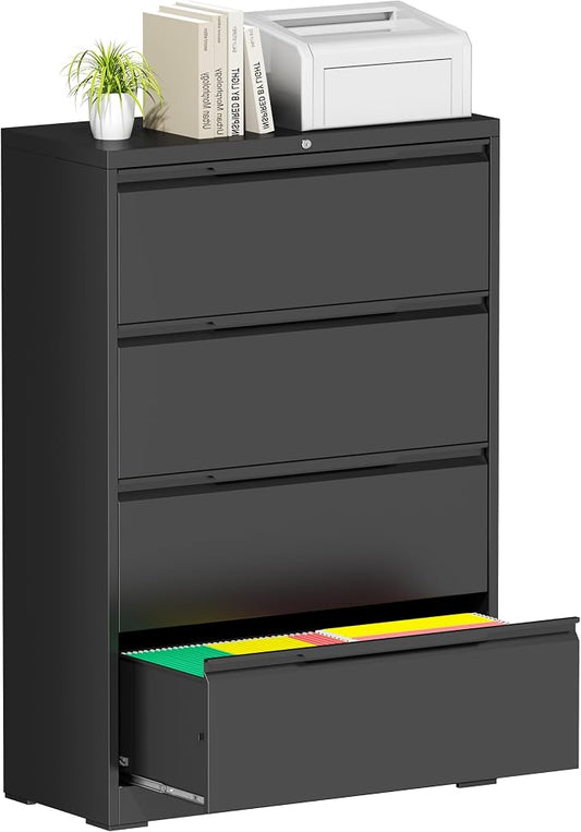 Bestoo 4 Drawer Lateral File Cabinet with Lock Heavy Duty Large Metal Filing Cabinet Home Office Cabinets Wide Steel Cabinets for Legal/Letter Size,Assembly Required Black