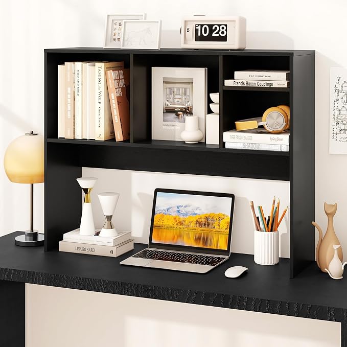 GOFLAME 4 Cubes Desktop Bookshelf, 37” Tabletop Wood Desk Shelf for Computer Monitor, Modern Countertop Desk Display Hutch Storage Organizer Shelf for Home Office, Dorm, Study, Black
