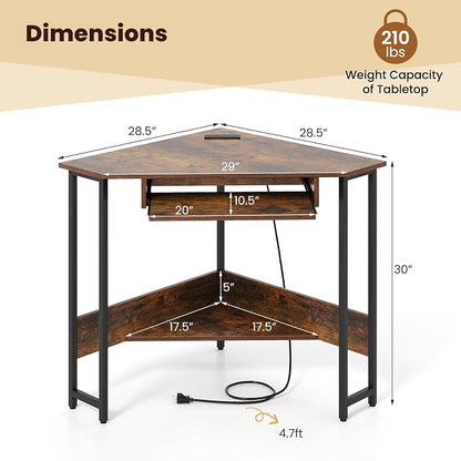 GOFLAME Corner Desk, Triangle Computer Desk with Keyboard Tray & Storage Shelf, Home Office Desk with Built-in Power Outlet, Industrial Writing Desk, Heavy-duty Space-saving PC Laptop Desk Workstation
