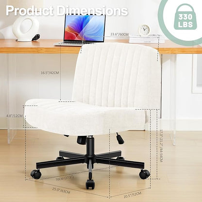Criss Cross Chair with Wheels,Thick Padded Fabric Cross Legged Office Desk Chair with Pocket Spring Cushion,Dual-Purpose Base,Wide Adjustable Computer Home Office Vanity Chair,Cream White