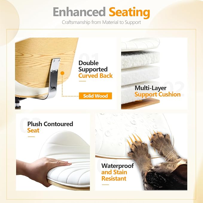 VINGLI Wide Comfotable Swivel Home Office Chair with Wood-Grain Curved Shell,Ergomomic Mid-Back Padded Armless Rolling Desk Chair with Wheels,Height Adjustable for Computer,Task,Work,PU Leather,White