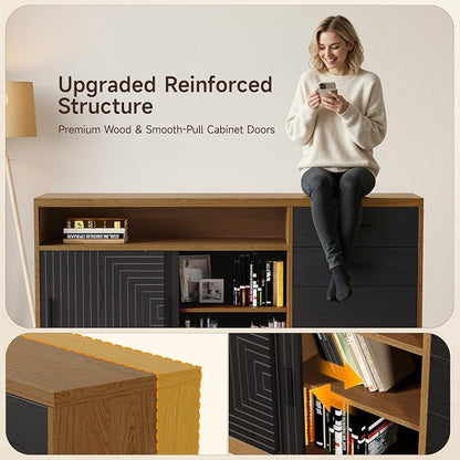 ONBRILL Home Office Furniture Sets, 63'' Standing Desk with 55'' File Cabinet, Electric Height Adjustable Standing Desk with 71'' Tall Modern Bookshelf, Home Office Furniture Set, Oak Brown