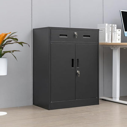 CMY Metal Storage Cabinet, Locking Storage Cabinet with 1 Drawer and Adjustable Shelf, 36" H x 28" W x 16" D Metal Cabinets for Office, Garage, Home-Black
