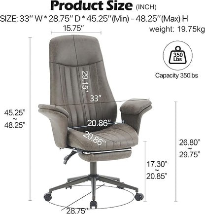 Home Office Ergonomic Chair with Footrest, Modern Luxury Faux Suede Leather Chairs, Comfy High Back Computer Swivel Rolling Task Armchair for Executive, Grey Color