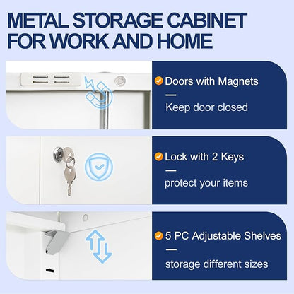 BESFUR Metal Garage Storage Cabinet with Locking Doors and 5 Adjustable Shelves, White Tall Storage Cabinets, Tool File Lockable Cabinet for Garage Office Warehouse Shop(71”H)