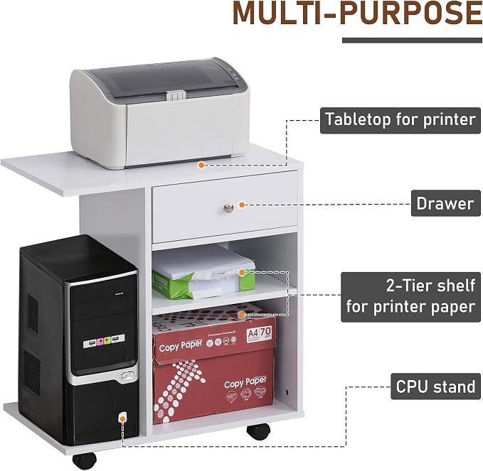 Vinsetto Mobile Printer Stand, Rolling File Cabinet Cart with Wheels, Adjustable Shelf, Drawer and CPU Stand, White