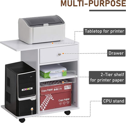 Vinsetto Mobile Printer Stand, Rolling File Cabinet Cart with Wheels, Adjustable Shelf, Drawer and CPU Stand, White