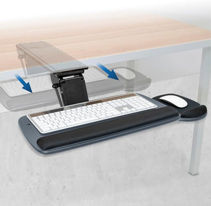 Mount-It! Under Desk Keyboard Tray, Adjustable Slide-Out Keyboard & Mouse Platform, 20.5" W × 11" D, Ergonomic Wrist Rest, Tilt & Swivel, Heavy-Duty Bolt-On Keyboard Drawer for Home Office, Blue