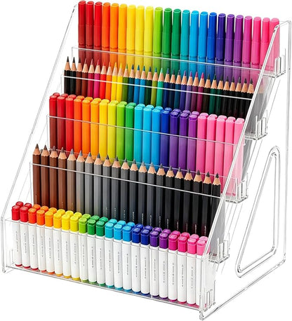 5-Tier Acrylic Marker Organizer, 150 Slots Desktop Pen Storage Rack, Vertical Art Supply Holder for Colored Pencils, Paint Brushes & Office Accessories, Clear Desk Stationery Display