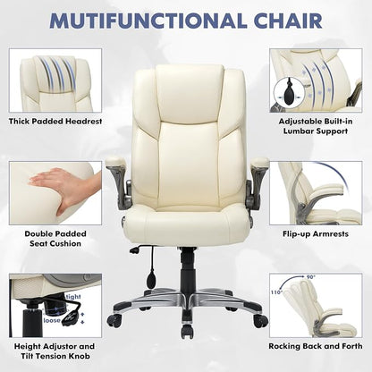COLAMY Leather Executive Office Chair- High Back Home Computer Desk Chair with Padded Flip-up Arms, Adjustable Tilt Lock, Swivel Rolling Ergonomic Chair for Adult Working Study-Lvory, Set of 2