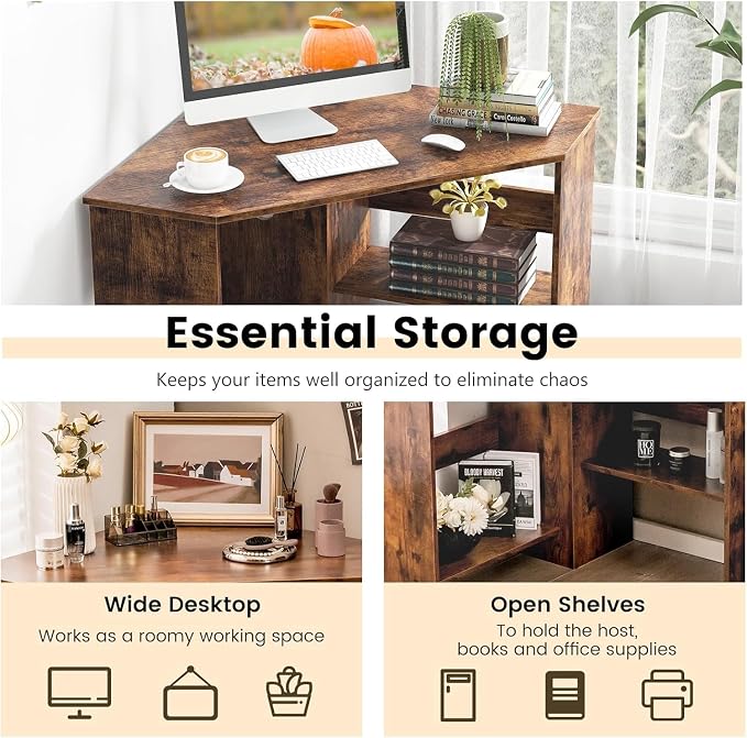 GOFLAME Corner Desk with Storage Shelves, Triangular Computer Desk with Cable Management Holes, Laptop Workstation for Small Space, Makeup Vanity Desk for Living Room, Study, Rustic Brown