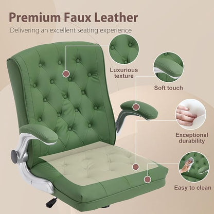 Mid-Back Office Chair, Modern Leather Ergonomic Executive Desk Chair with Flip Up Arm, Mid Century Swivel Task Chair, Small Rocking Computer Chair with Wheels for Home Office Meeting Room