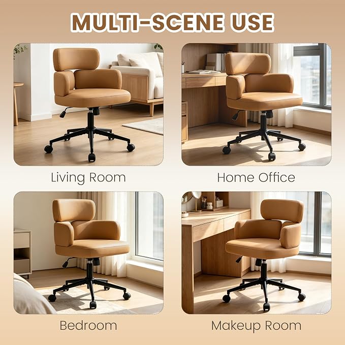 Leather Home Office Chair with Unique Curved Back, Wide Seat Computer Desk Chair with Wheels,Swivel Tilt & Height Adjustable,Matel Base for Home Office, PU Brown