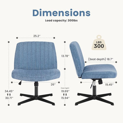 DUMOS Criss Cross Chair No Wheels Legged Office Wide Comfy Desk Vanity Chair, Armless Computer Task Seating, Swivel Home Height Adjustable for Bedroom, Study, Fabric, Blue No Wheel