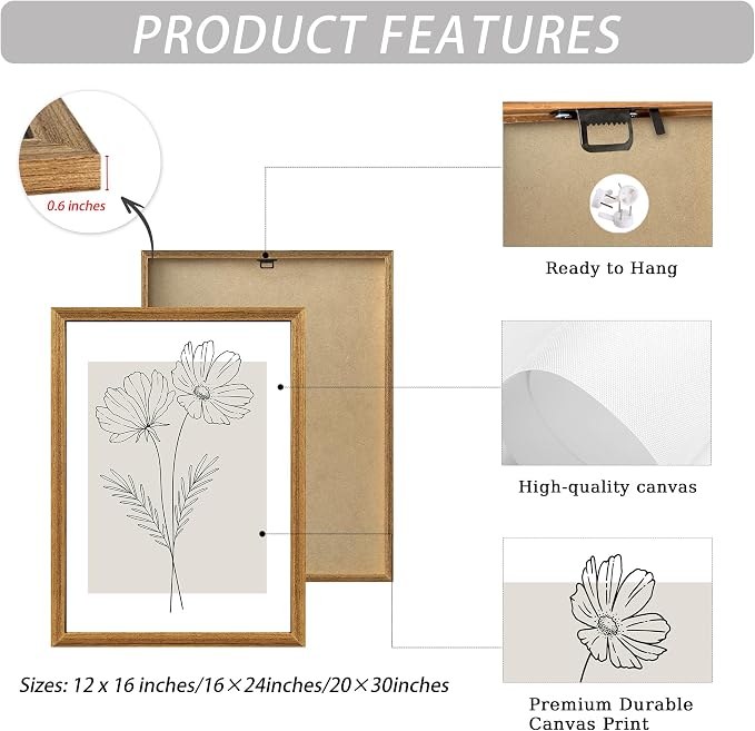 ICHZUMW Neutral Botanical Floral Wall Art, Black and White Farmhouse Flowers Wall Decor, Modern Minimalist Line Art Canvas Prints, Beige Artwork, Living Room Bedroom Home Office, Set of 3, 20x30in
