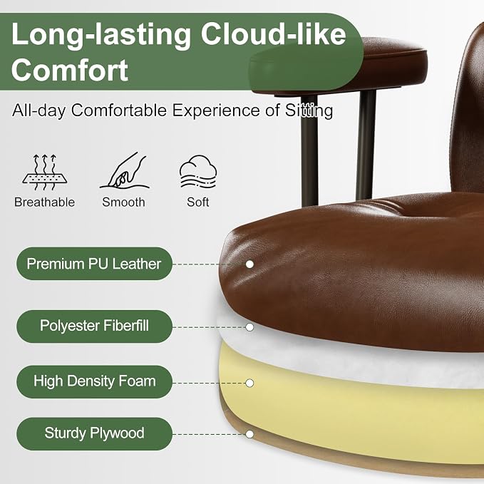 Mid-Century Modern Ergonomic Office Chair,Mid Back Faux Leather Executive Desk Chair with Walnut Bentwood,Tufted Adjustable Swivel Computer Chair for Home Office,Brown