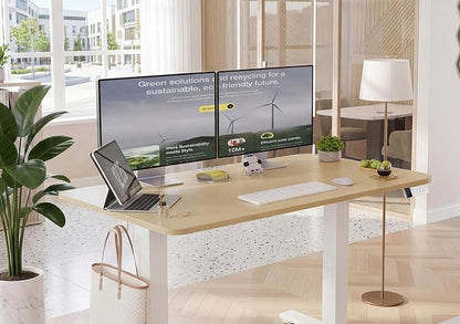 YDN Electric Standing Desk Adjustable Height, 63 x 24 Inches Sit Stand up Desk with Memory Presets & Cable Management, Home Office Desk for Office & Computer Workstation, White Frame/Nature Top