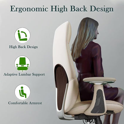 Ergonomic Genuine Leather Office Chair, Executive Chair with Tilt Adjustable High Back and Lumbar Support, 400lbs Weight Capacity Metal Base with 360° Flexible Wheels (White)