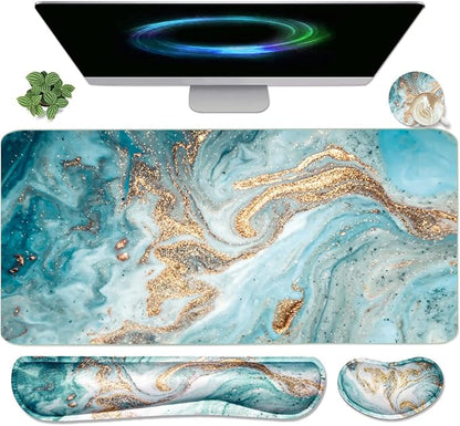 Keyboard Mouse Pad Set, Extended Mouse Pad+Keyboard Wrist Rest Support, Memory Foam Ergonomic Easy Typing, 3Pcs (35.4×15.7 in) Desk Pad Set for Home Office Study Game-Green Marble