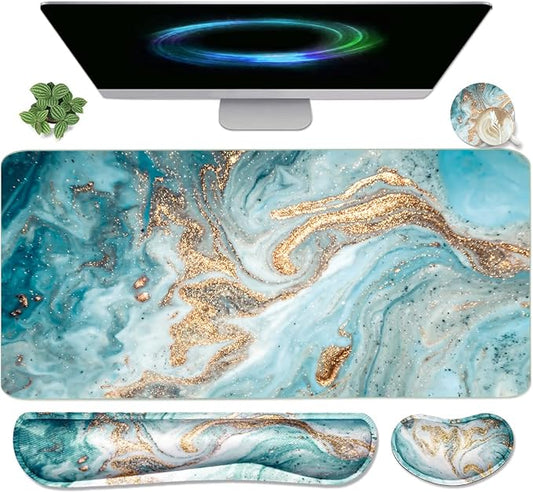 Keyboard Mouse Pad Set, Extended Mouse Pad+Keyboard Wrist Rest Support, Memory Foam Ergonomic Easy Typing, 3Pcs (35.4×15.7 in) Desk Pad Set for Home Office Study Game-Green Marble