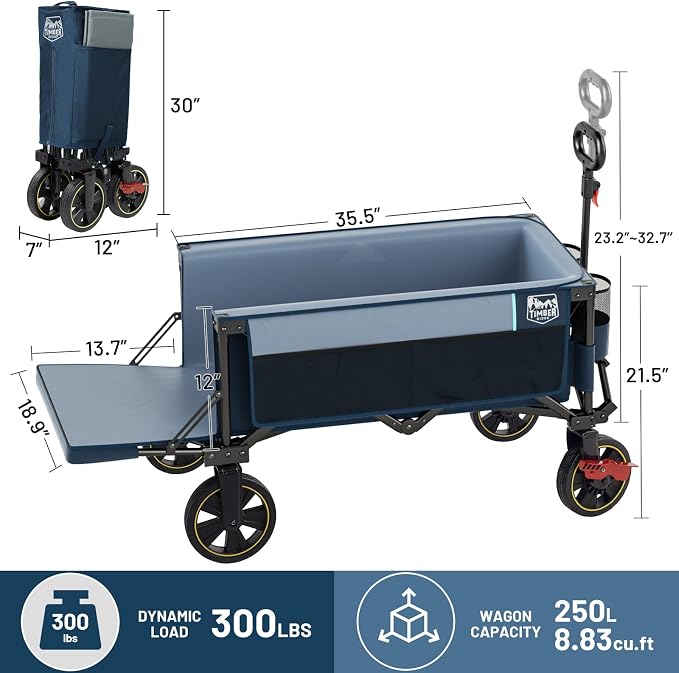 Timber Ridge 49" Collapsible Folding Wagon with Tailgate, 300lbs Heavy Duty Foldable Wagon with Wheels, 250L Capacity Portable Utility Cart for Outdoor Camping, Sports, Dogs, Blue
