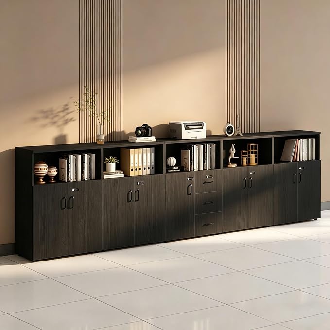 File Cabinet with Password Lock, Wood Lateral Filing Cabinet for Letter/A4 Files, 3 Drawer with Door, Printer Stand with Open Shelves for Home Office