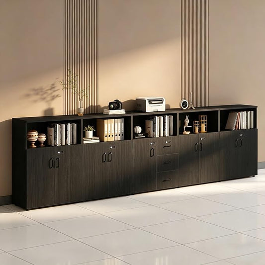 File Cabinet with Password Lock, Wood Lateral Filing Cabinet for Letter/A4 Files, 3 Drawer with Door, Printer Stand with Open Shelves for Home Office