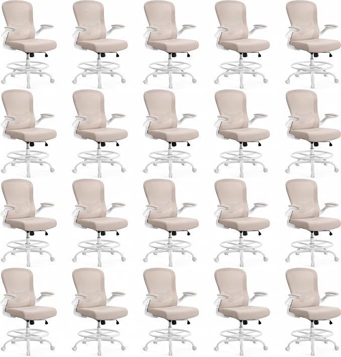 ErGear Drafting Chair,Tall Office Chair with Flip-Up Armrests, High Desk Chair Adjustable Height and Adjustable Footrest Ring, Ergonomic Standing Desk Chair with Lumbar Support, Khaki,20 Pack