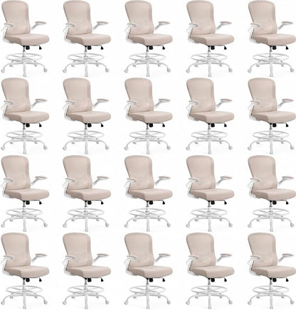 ErGear Drafting Chair,Tall Office Chair with Flip-Up Armrests, High Desk Chair Adjustable Height and Adjustable Footrest Ring, Ergonomic Standing Desk Chair with Lumbar Support, Khaki,20 Pack