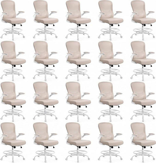 ErGear Drafting Chair,Tall Office Chair with Flip-Up Armrests, High Desk Chair Adjustable Height and Adjustable Footrest Ring, Ergonomic Standing Desk Chair with Lumbar Support, Khaki,20 Pack