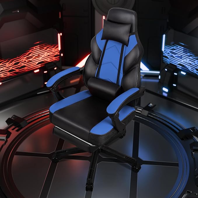 DL-win Gaming Chairs for Adults, Computer Chair with Footrest and Ergonomic High Back, Big and Tall Gamer Chairs with Massage Lumbar Support, 360° Swivel Height Adjustable Gaming Chair, Blue